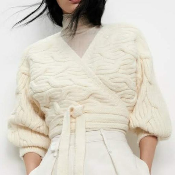 NWT Zara Ecru Cable Knit Wrap Cardigan w/ Hem Tie - Picture 2 of 6